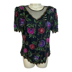 80’s Vintage Laurence Kazar Beaded & Sequined Silk Fancy Dress Top